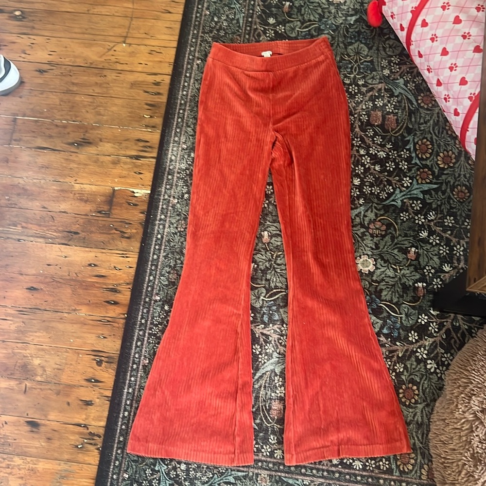 Aerie flare pants, orangey red velvet